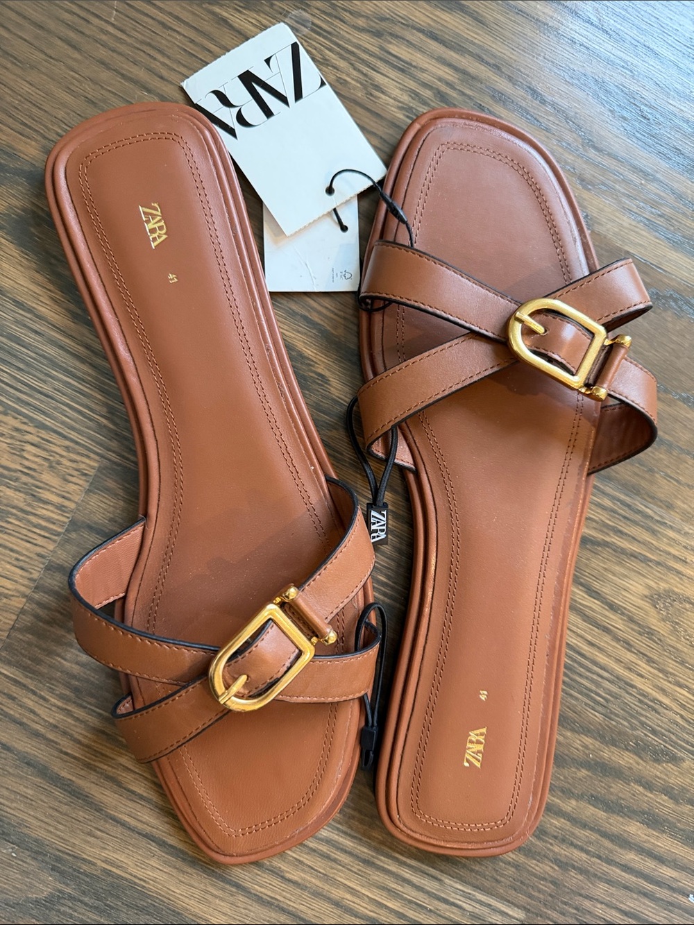 ZARA Tan Leather Slide Sandals with Gold Buckle
